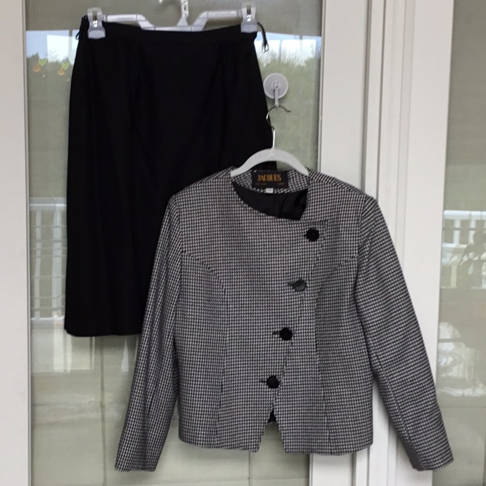 Jacques wool suit-houndstooth jacket/black skirt.